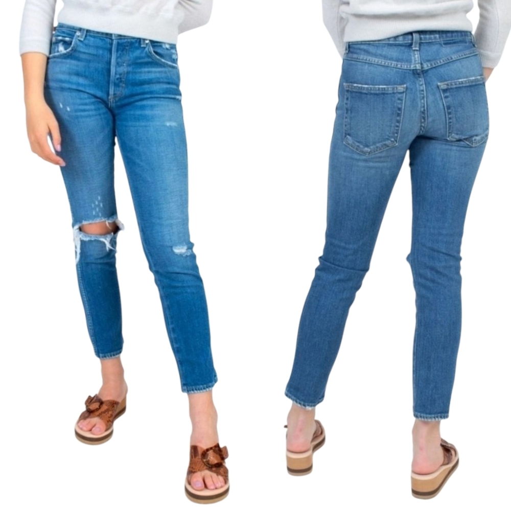 AMO Babe High Rise Slim Straight Crop Jeans Button Fly Distressed Ripped 24